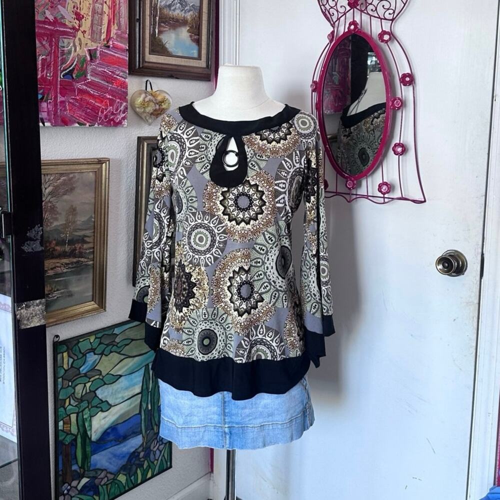 cocoma bohemian brown green black long sleeve blouse top